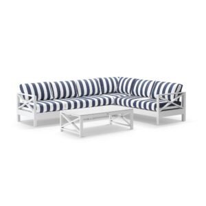 wp-image-tigress-55119.jpg "Montego Bay" Hamptons Style Outdoor Aluminium Modular Corner Lounge Extra Seat, White with Navy & White Stripe Cushions 303cm x 231cm (RRP $5499)