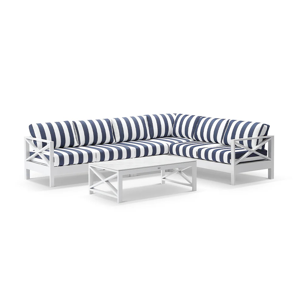 "Montego Bay" Hamptons Style Outdoor Aluminium Modular Corner Lounge Extra Seat, White with Navy & White Stripe Cushions 303cm x 231cm (RRP $5499)