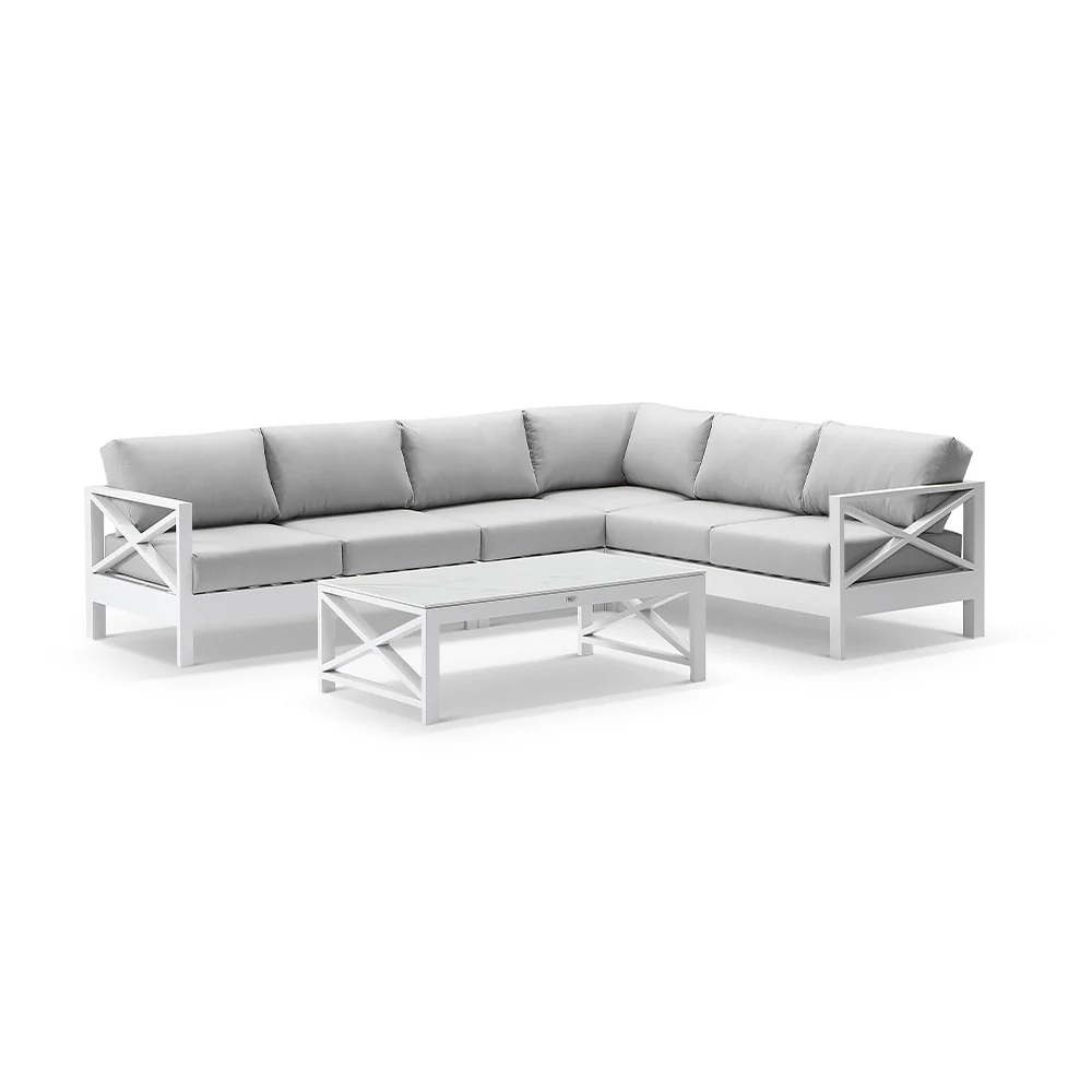 "Montego Bay" Hamptons Style Outdoor Aluminium Modular Corner Lounge Extra Seat, White with Grey Cushions 303cm x 231cm (RRP $5499)