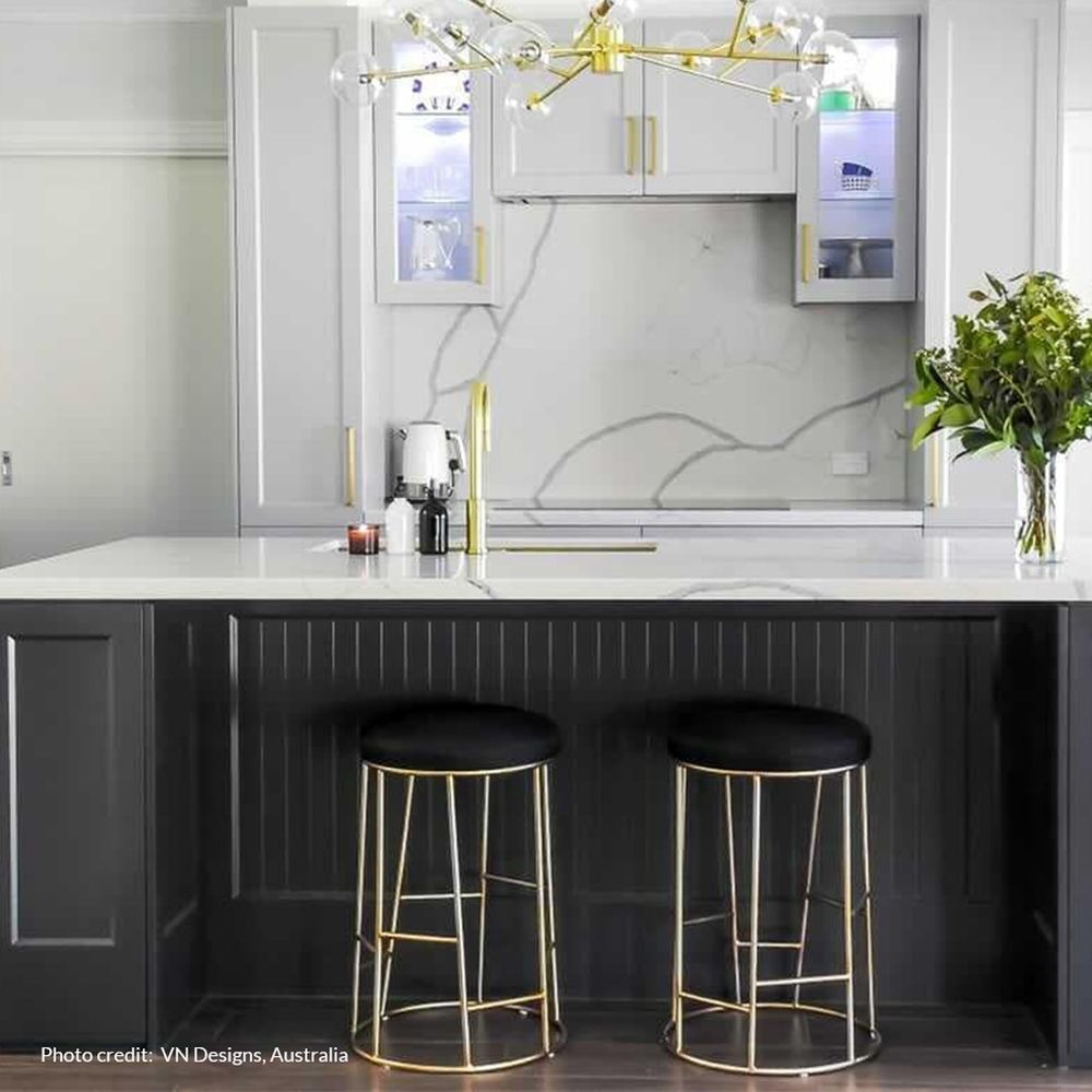 Aiden Gold Steel Kitchen Stool Black Linen, 38cm Dia x 65cm H (RRP $385) - Image 2