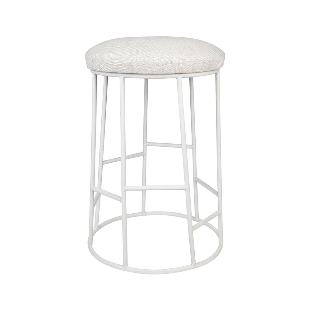 Aiden White Steel Kitchen Stool Natural Linen, 44cm Dia x 65cm H (RRP $385)