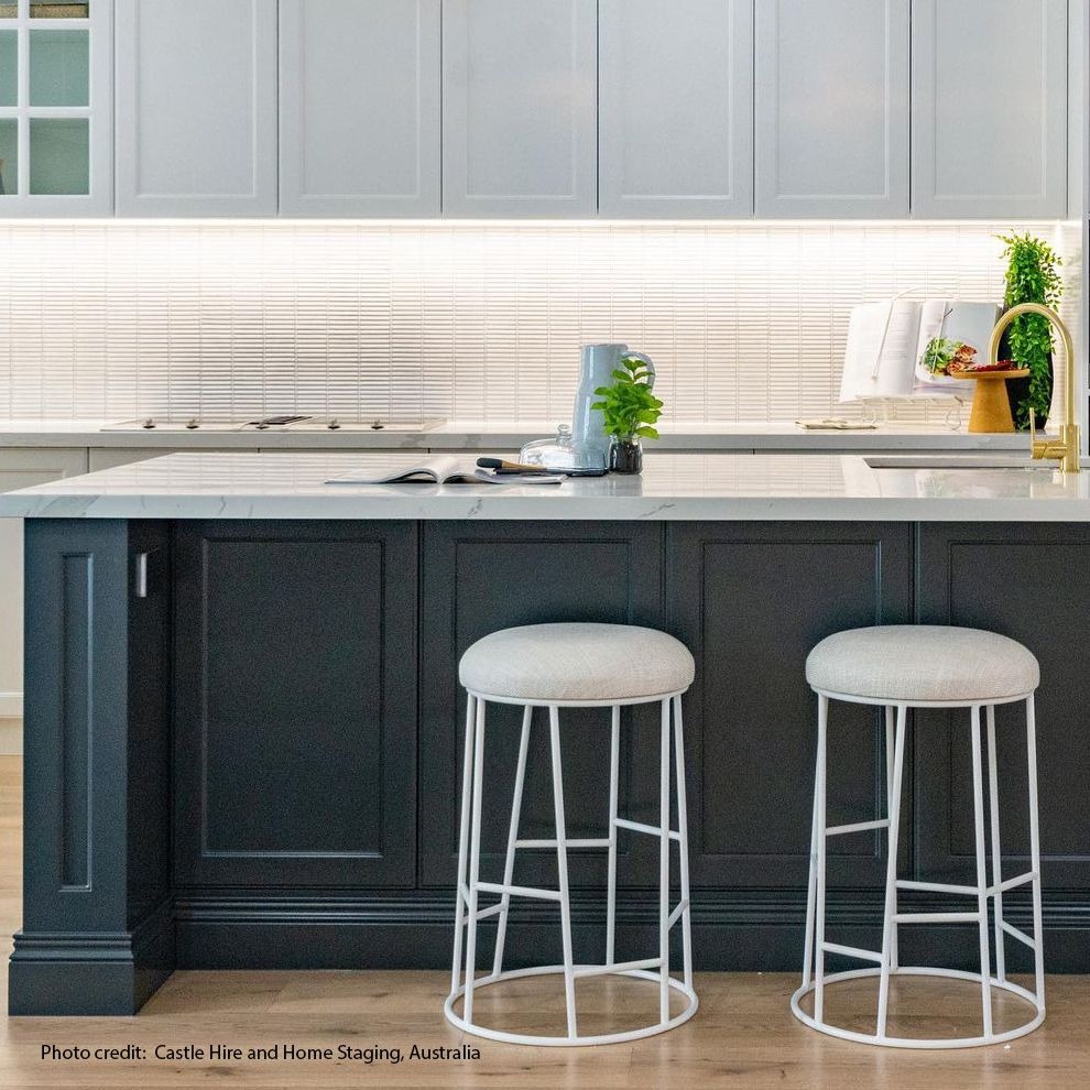 Aiden White Steel Kitchen Stool Natural Linen, 44cm Dia x 65cm H (RRP $385) - Image 2