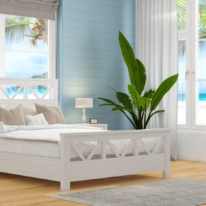 Coastal Hamptons Style Hardwood Timber King Bed 4 Piece Tallboy Package, Whitewash (RRP $2999)