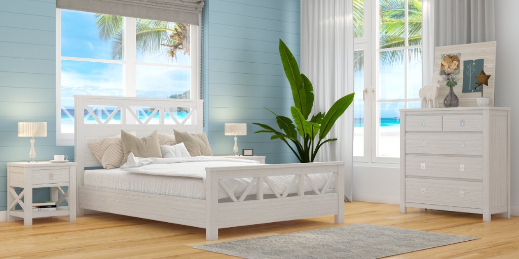 Coastal Hamptons Style Hardwood Timber King Bed 4 Piece Tallboy Package, Whitewash (RRP $2999)