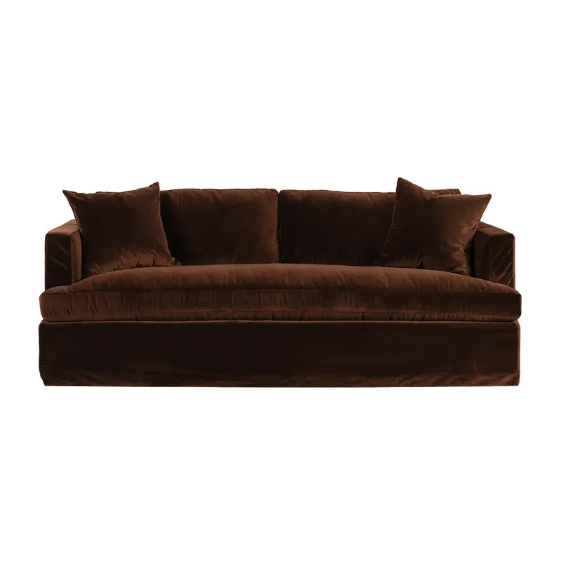 Birkshire 3 Seater Slip Cover Sofa Dark Chocolate Velvet, 220cm W x 96cm D x 90cm H (RRP $5049)
