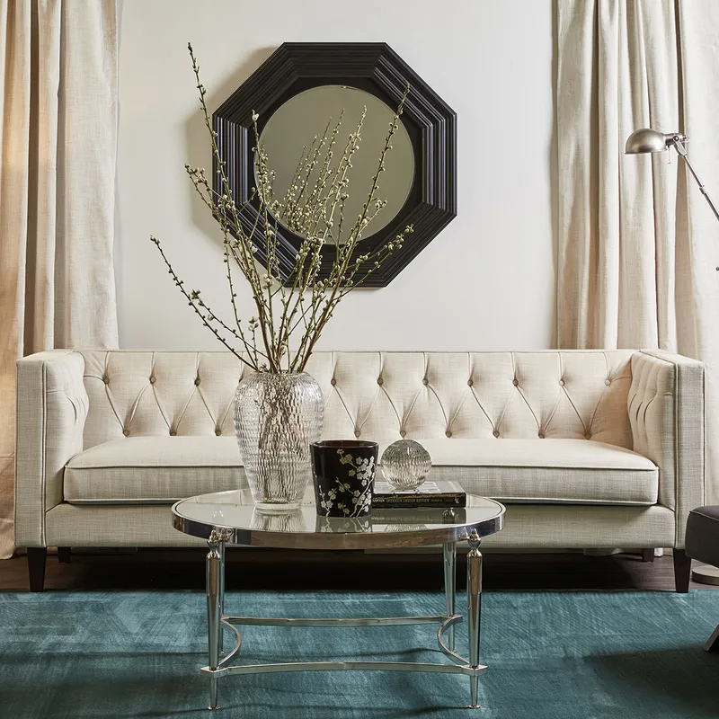 Tuxedo 3 Seater Tufted Sofa Natural Linen, 228cm W x 89cm D x 76cm H (RRP $3839) - Image 4
