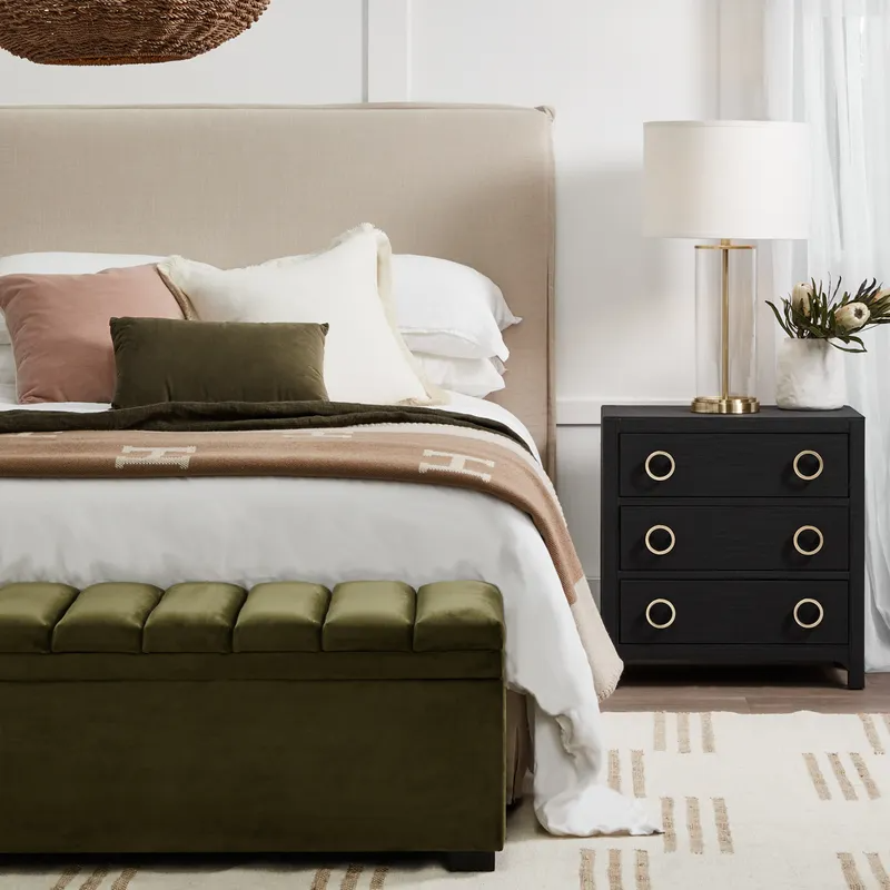 Astley Upholstered Bedside Table Charcoal Linen, 62cm W x 40cm D x 66cm H (RRP $2167) - Image 2