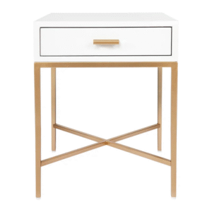 Nessa White Bedside Table Gold, 45cm W x 45cm D x 60cm H (RRP $869)