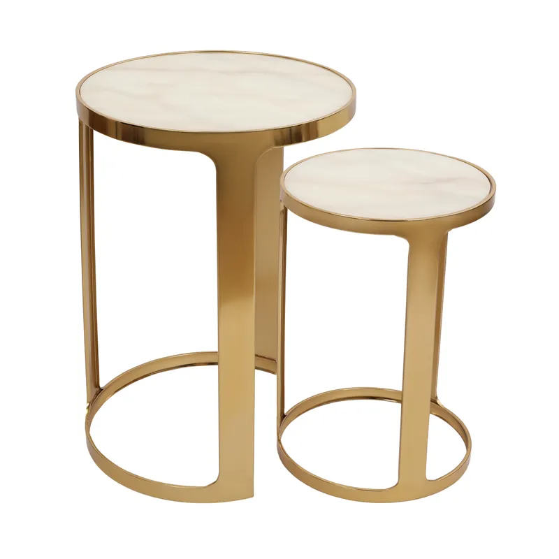 Isabelle Marble Nesting Side Tables Gold, 48.5cm W x 48.5cm D x 68.5cm H (RRP $803)