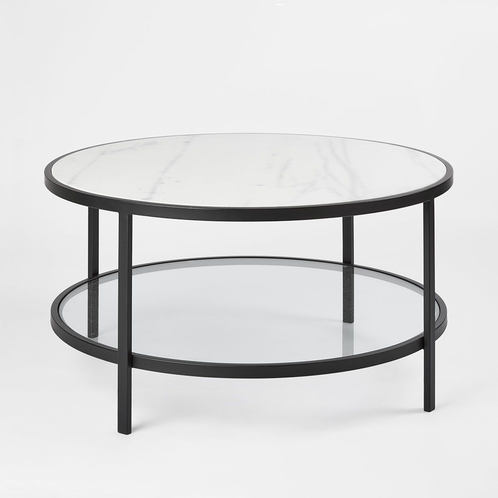 Palladium Black Iron Marble & Glass Coffee Table, L 90cm W 90cm H 45cm (RRP $1499)