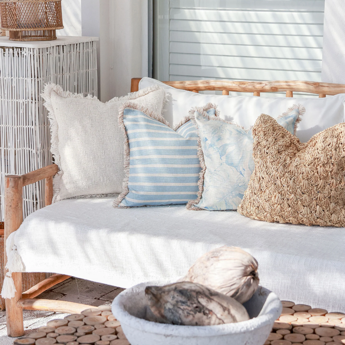 Outdoor Cushion Coastal Fringe Hampton Stripe Pale Blue 45cm x 45cm - Image 2