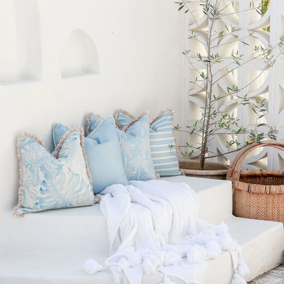 Outdoor Cushion Coastal Fringe Hampton Stripe Pale Blue 45cm x 45cm - Image 7
