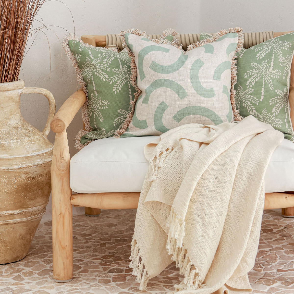 Outdoor Cushion Coastal Fringe Cabana Palms Sage 45cm x 45cm - Image 4