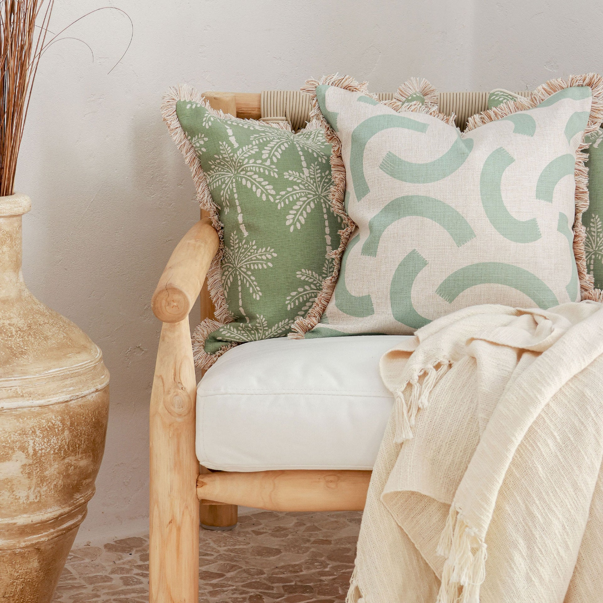 Outdoor Cushion Coastal Fringe Cabana Palms Sage 45cm x 45cm - Image 5