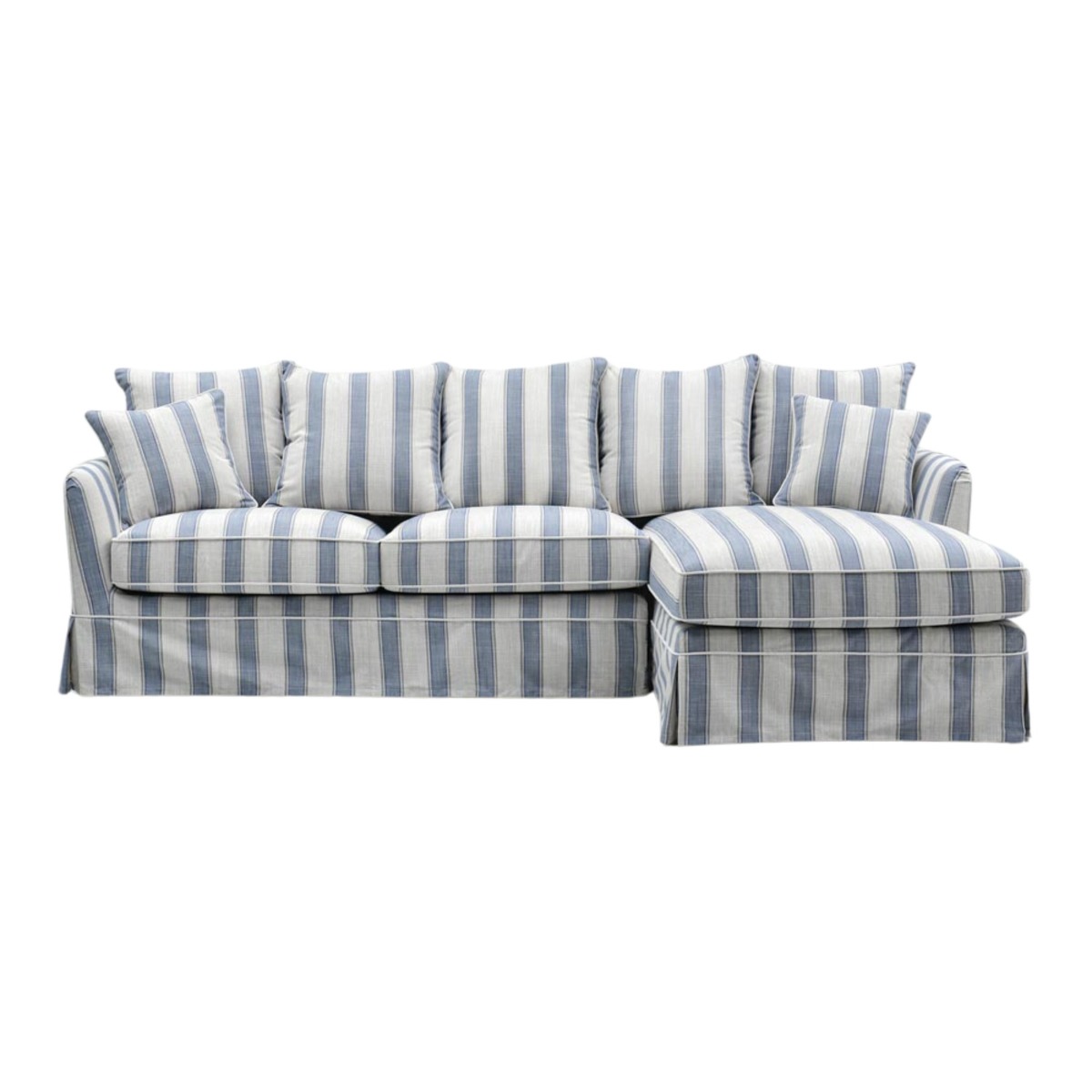 Noosa 3 Seater Right Chaise Sofa Blue Sky Stripe, W 259cm D 166cm H 80cm (RRP $4999)