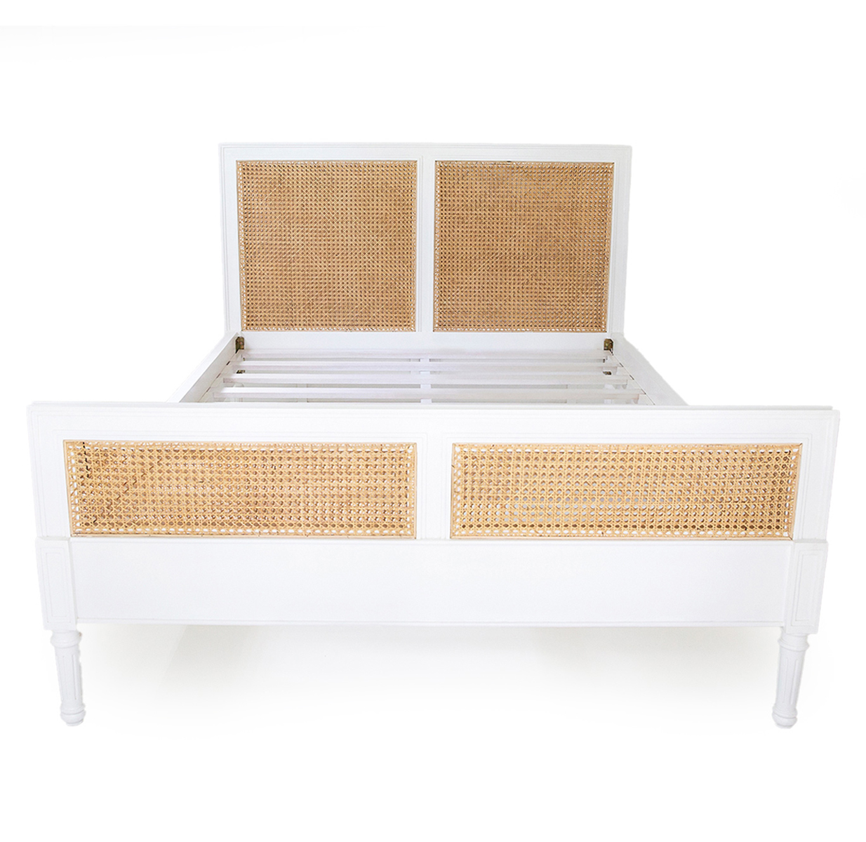 Hamilton Cane Bed Queen Size White, 165cm Wide x 217cm Long x 122cm High