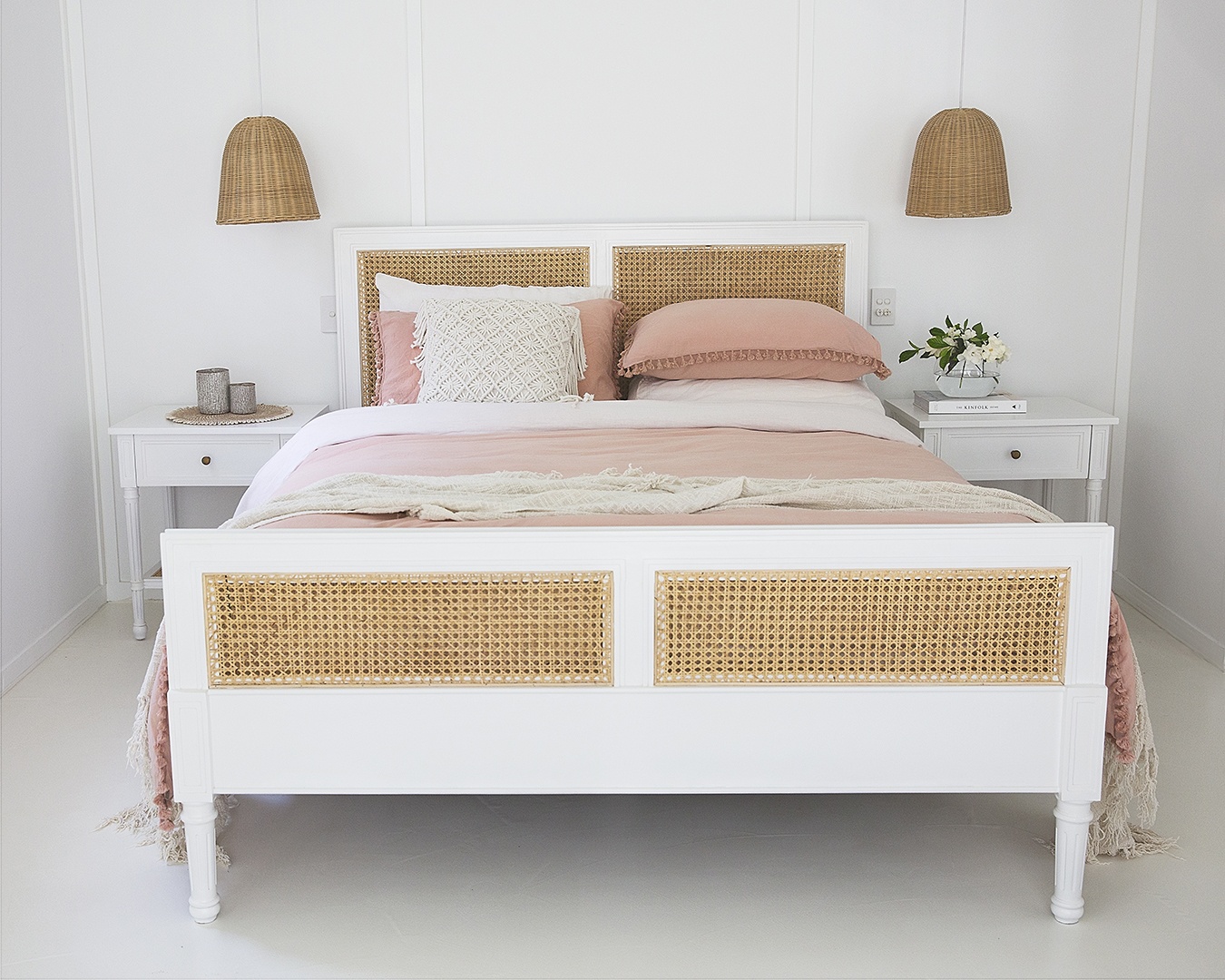Hamilton Cane Bed Queen Size White, 165cm Wide x 217cm Long x 122cm High - Image 9
