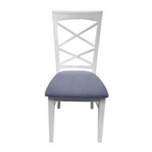 "Montauk" Hamptons Style Chair with Cross Back Detail, Vivid White with Blue & White Stripes cushioned seat (RRP $399)
