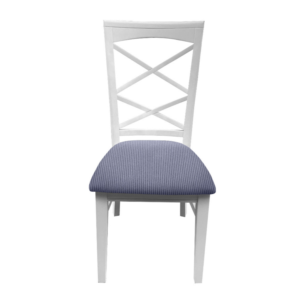"Montauk" Hamptons Style Chair with Cross Back Detail, Vivid White with Blue & White Stripes cushioned seat (RRP $399)