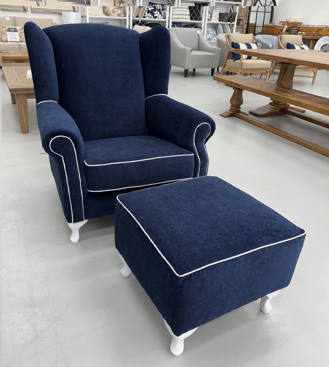 FLOORSTOCK SALE!! "Aerin" Hamptons Style Occasional Wing Fabric Armchair with Matching Ottoman, Australian Made (RRP $3499)
