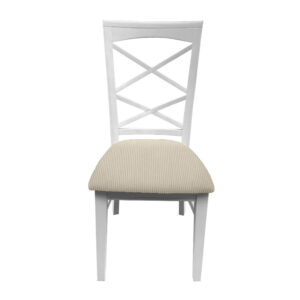 "Montauk" Hamptons Style Chair with Cross Back Detail, Vivid White with Beige & White Stripes cushioned seat (RRP $399)