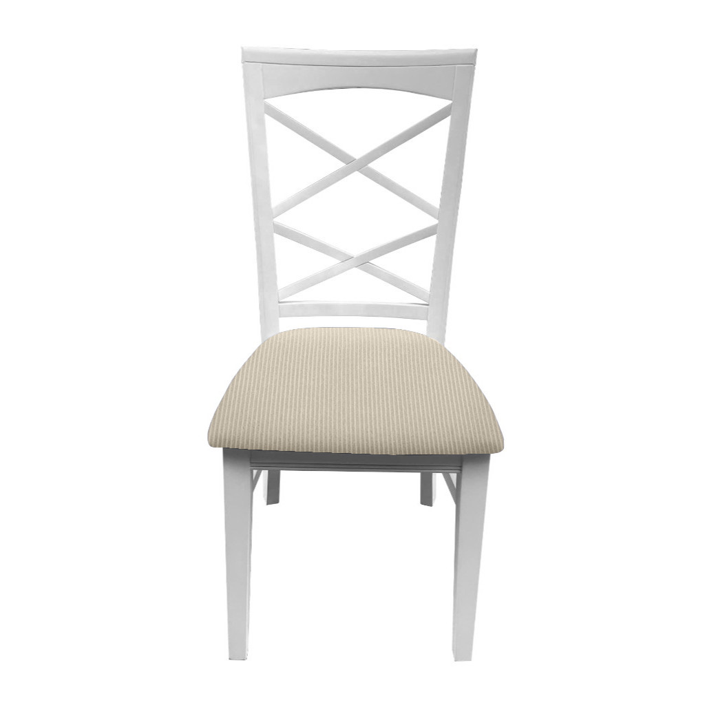 "Montauk" Hamptons Style Chair with Cross Back Detail, Vivid White with Beige & White Stripes cushioned seat (RRP $399)