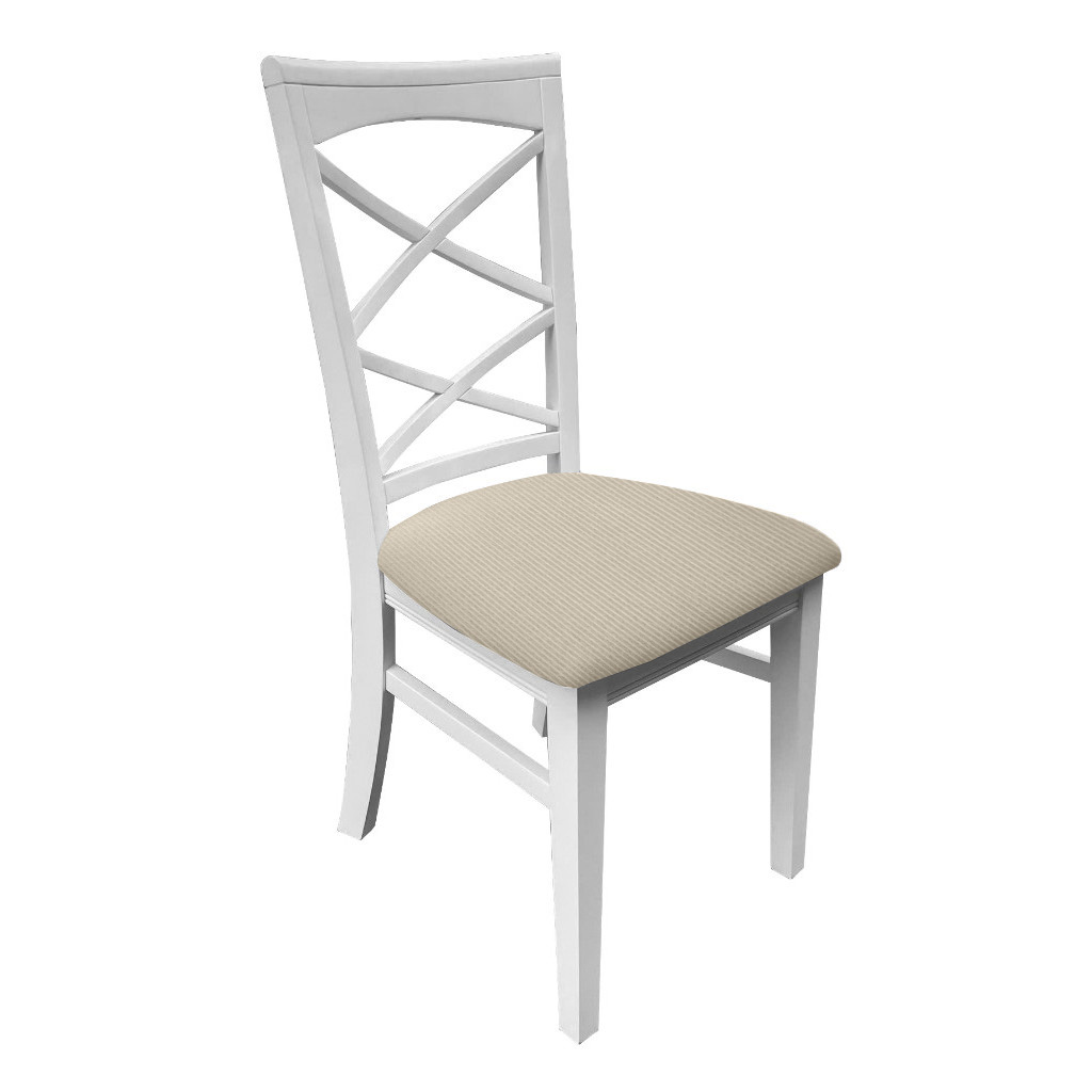 "Montauk" Hamptons Style Chair with Cross Back Detail, Vivid White with Beige & White Stripes cushioned seat (RRP $399) - Image 2