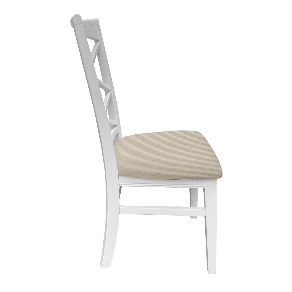 "Montauk" Hamptons Style Chair with Cross Back Detail, Vivid White with Beige & White Stripes cushioned seat (RRP $399) - Image 3