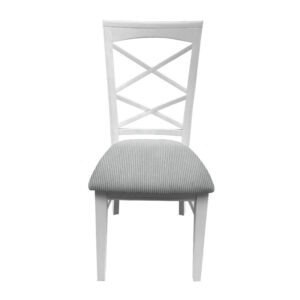 "Montauk" Hamptons Style Chair with Cross Back Detail, Vivid White with Light Grey & White Stripes cushioned seat (RRP $399)