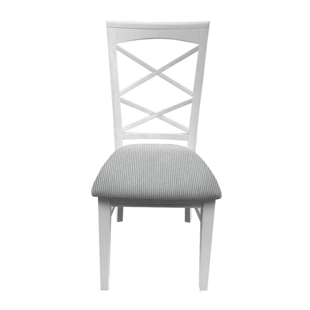 "Montauk" Hamptons Style Chair with Cross Back Detail, Vivid White with Light Grey & White Stripes cushioned seat (RRP $399)