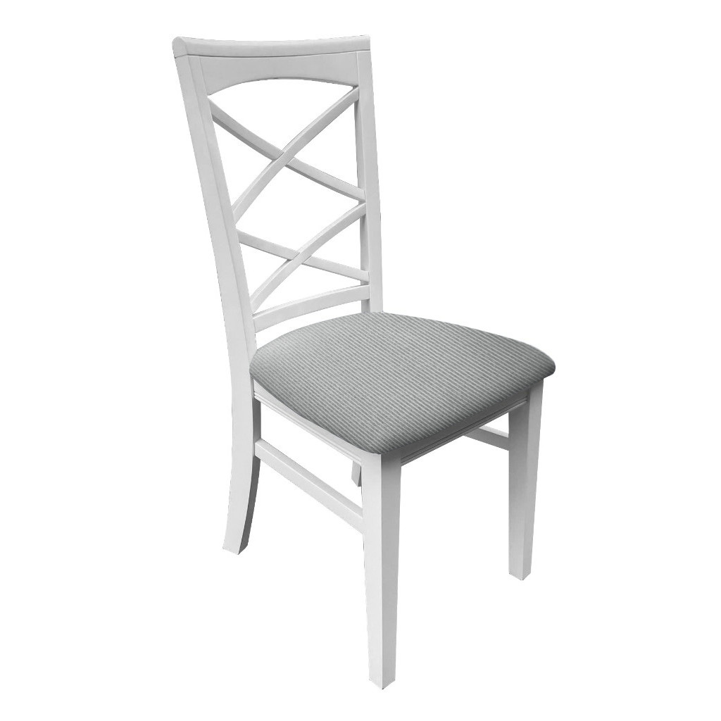 "Montauk" Hamptons Style Chair with Cross Back Detail, Vivid White with Light Grey & White Stripes cushioned seat (RRP $399) - Image 2