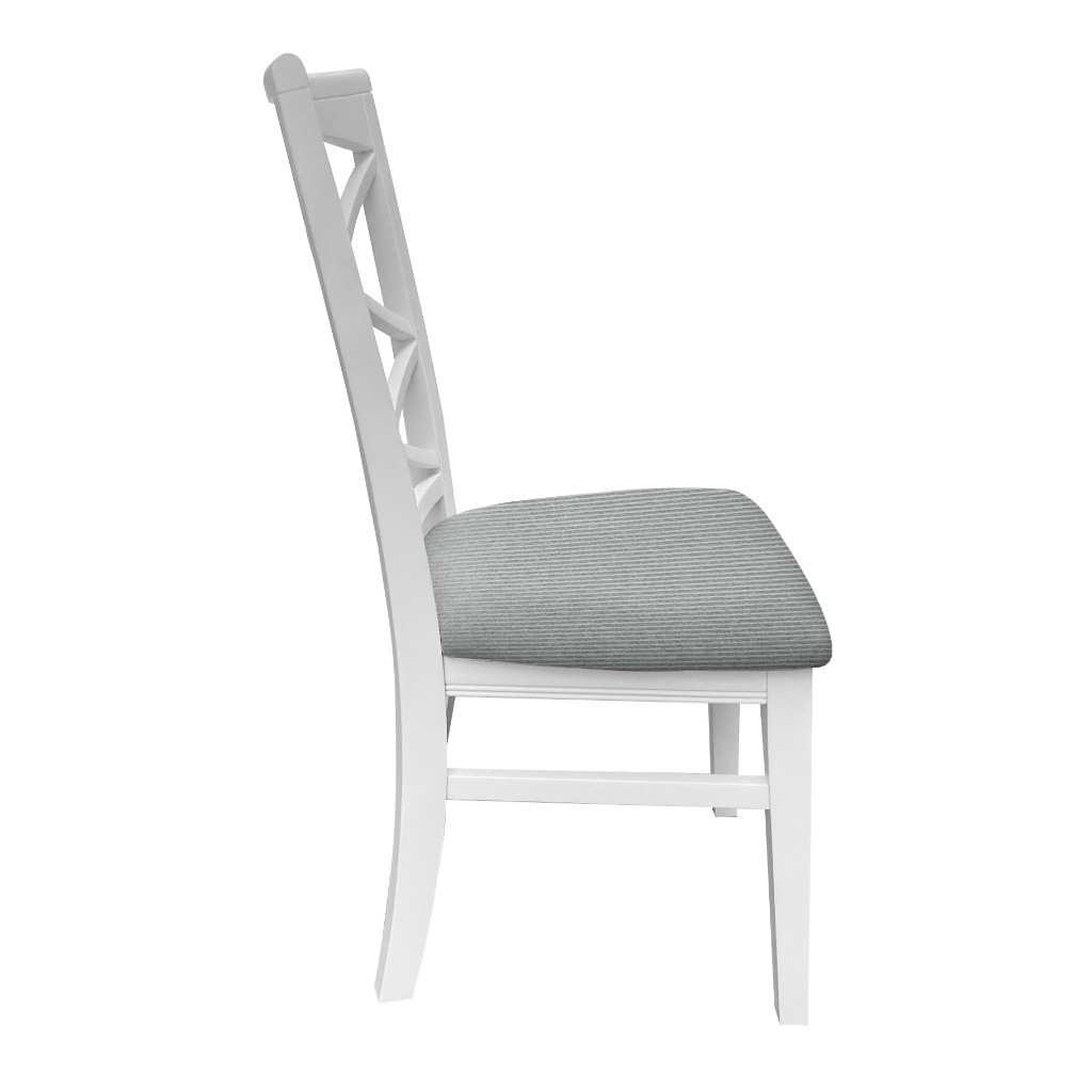 "Montauk" Hamptons Style Chair with Cross Back Detail, Vivid White with Light Grey & White Stripes cushioned seat (RRP $399) - Image 3