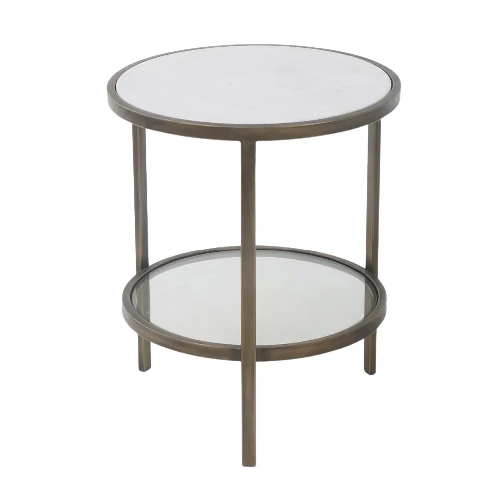 Palladium Brass Iron Marble & Glass Side Table, D 50cm W 50cm H 60cm (RRP $699)