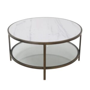 Palladium Brass Iron Marble & Glass Coffee Table, D 90cm W 90cm H 45cm (RRP $1499)