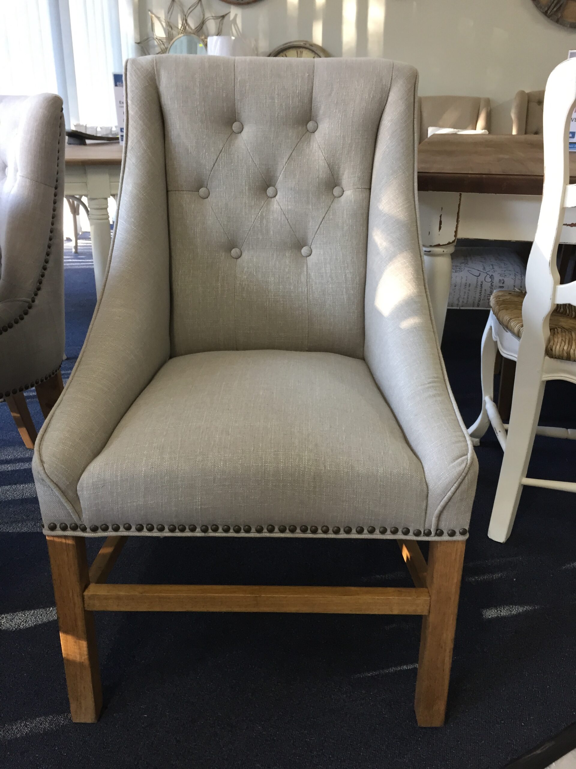 "Hudson" Hampton Style Linen Fabric Upholstered Dining Chair Wings Studs, Linen (RRP $599) - Image 2