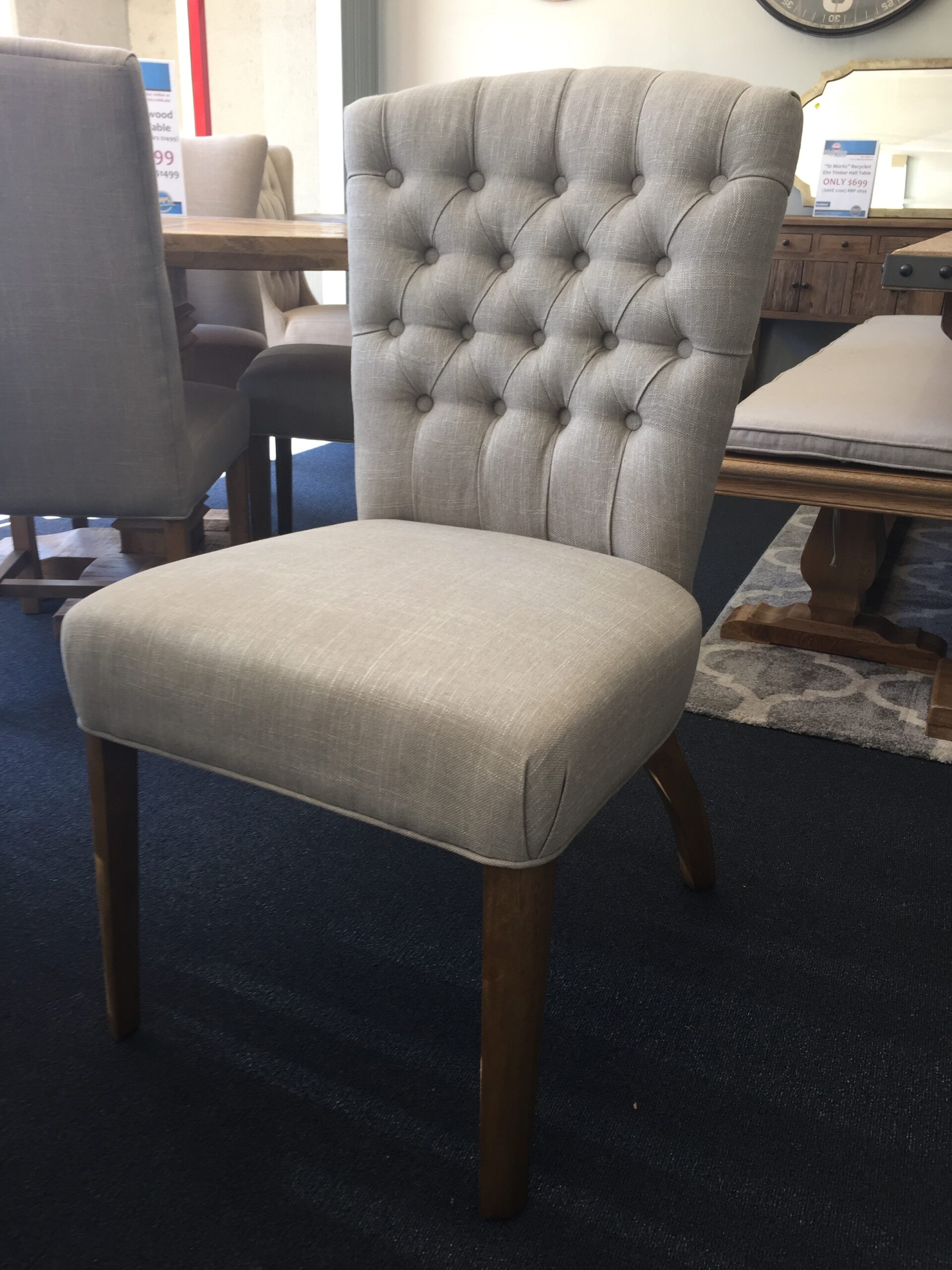 "Dianna" French Provincial Linen Buttoned Dining Chair, Linen with Natural Timber Legs (RRP $449) - Image 2