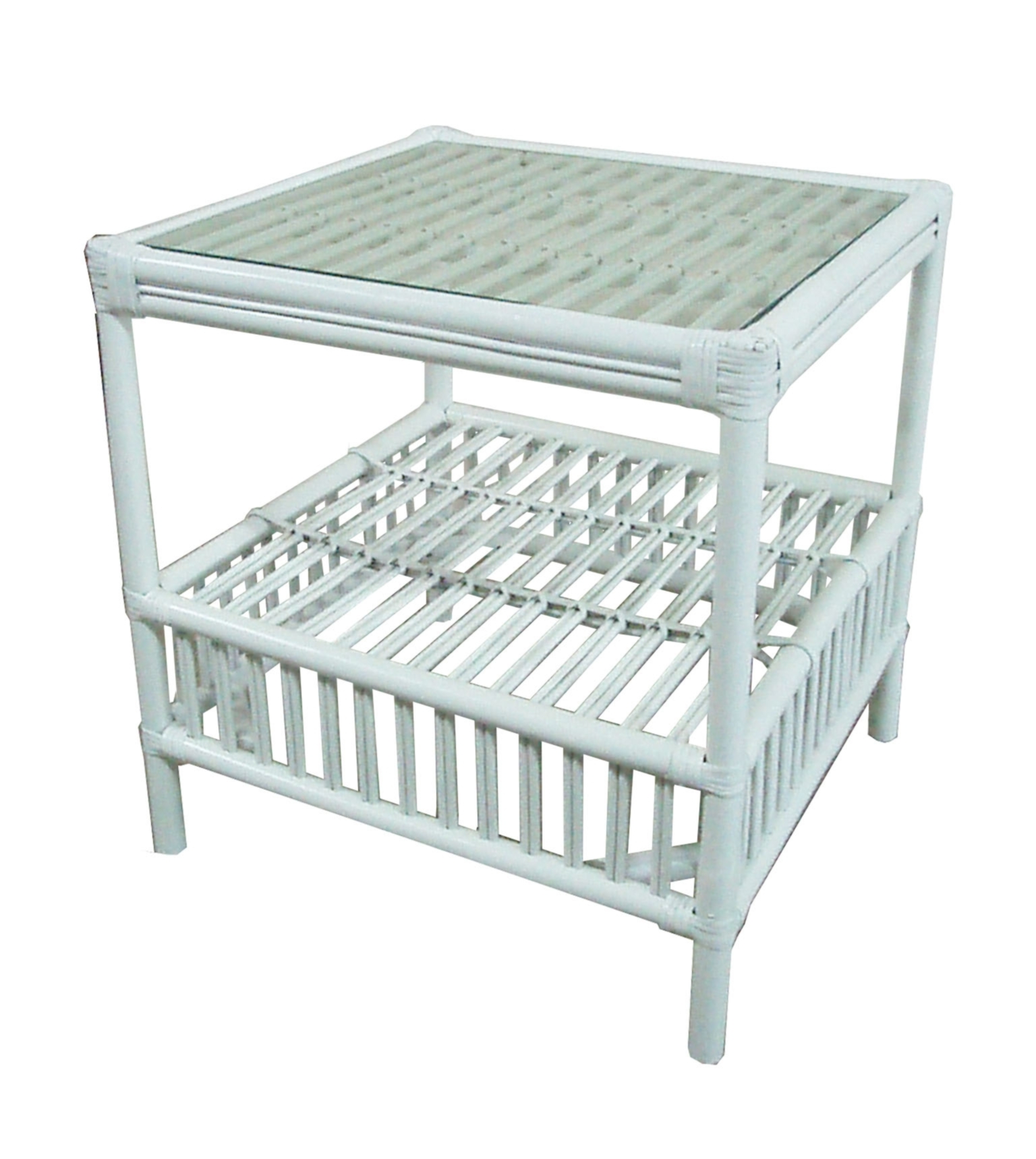 "Alfresco" Rattan Side Lamp Table with with Tempered Glass in White, 60cmL x 60cmW x 64cmH (RRP $699)
