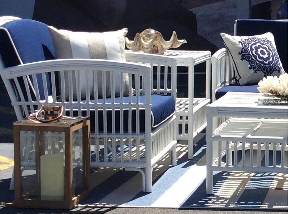 "Alfresco" Hamptons Style 2.5 Seater Rattan Lounge White, Navy cushions with White Piping, 156cmL x 68cmW x 86cmH (RRP $1499) - Image 4