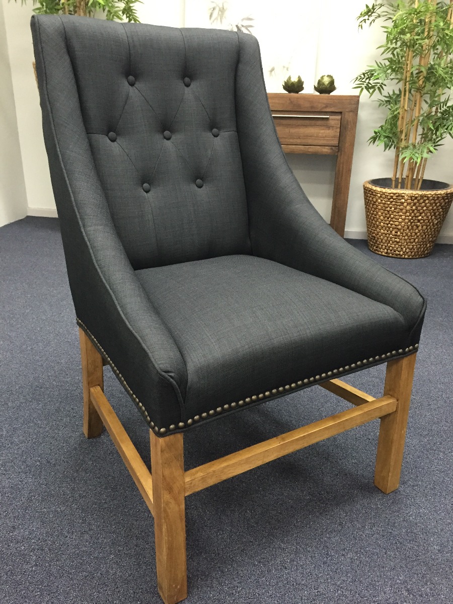 "Hudson" Hampton Style Linen Fabric Upholstered Dining Chair Wings Studs, Black (RRP $599) - Image 2