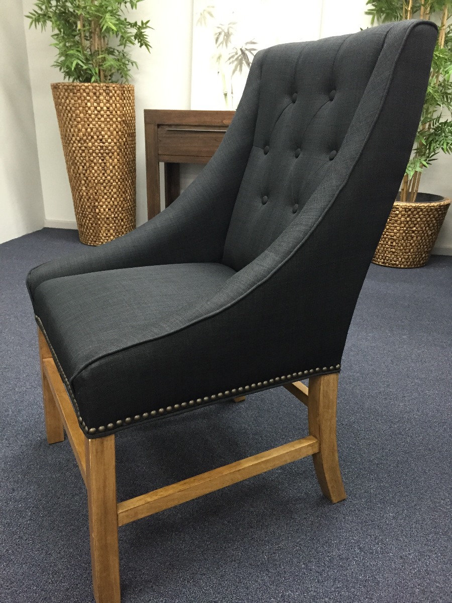 "Hudson" Hampton Style Linen Fabric Upholstered Dining Chair Wings Studs, Black (RRP $599) - Image 3