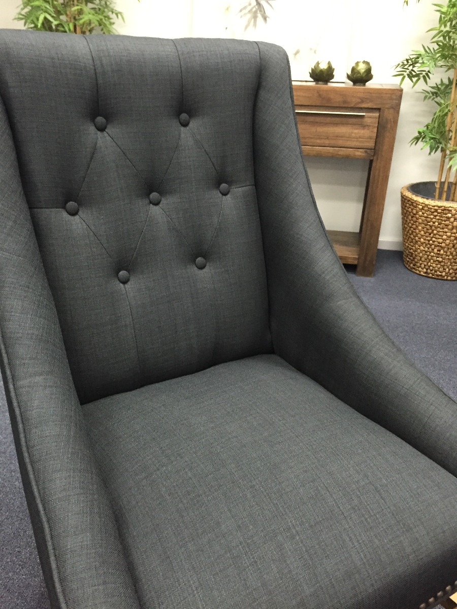 "Hudson" Hampton Style Linen Fabric Upholstered Dining Chair Wings Studs, Black (RRP $599) - Image 4