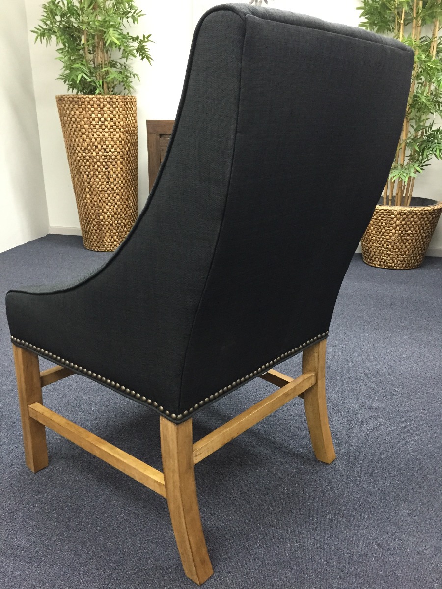 "Hudson" Hampton Style Linen Fabric Upholstered Dining Chair Wings Studs, Black (RRP $599) - Image 5
