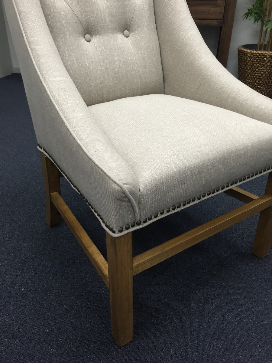 "Hudson" Hampton Style Linen Fabric Upholstered Dining Chair Wings Studs, Linen (RRP $599) - Image 3