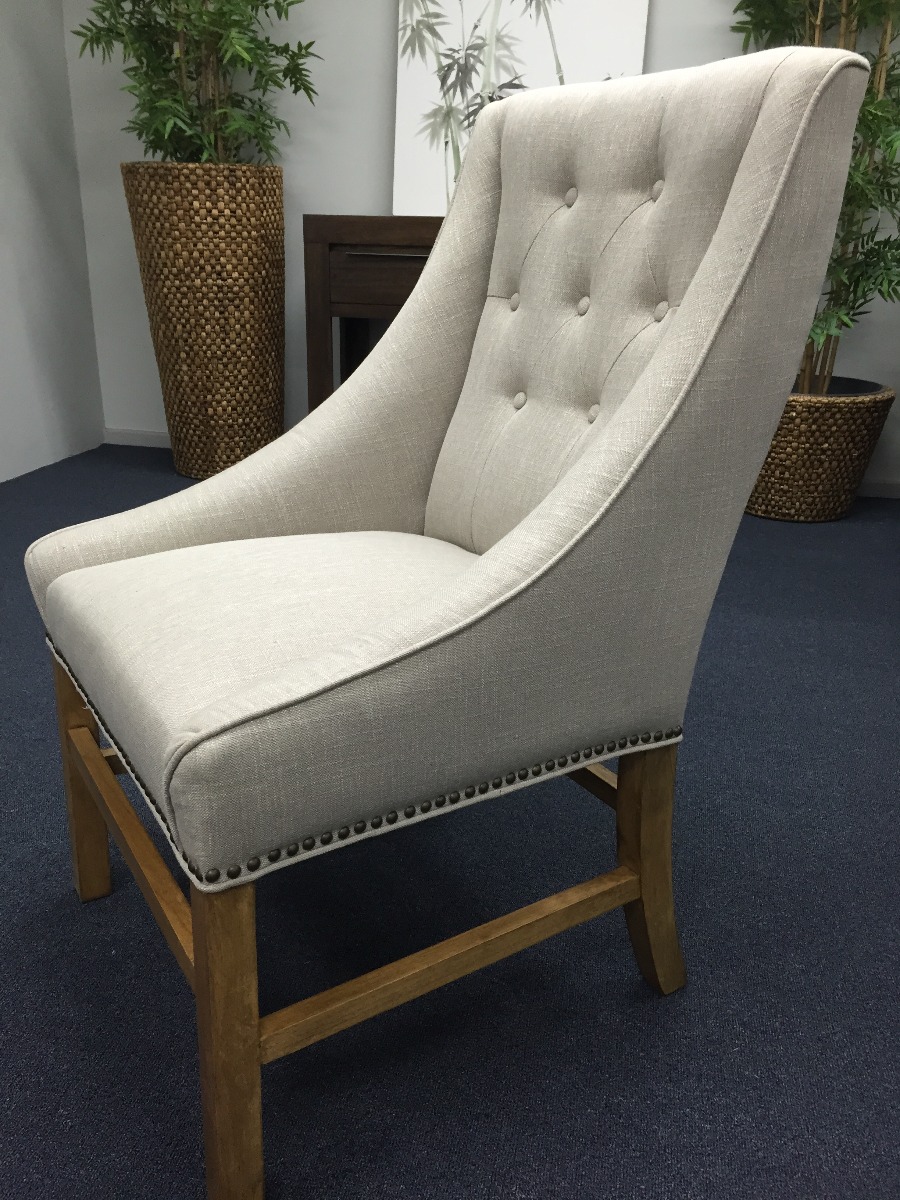 "Hudson" Hampton Style Linen Fabric Upholstered Dining Chair Wings Studs, Linen (RRP $599) - Image 4