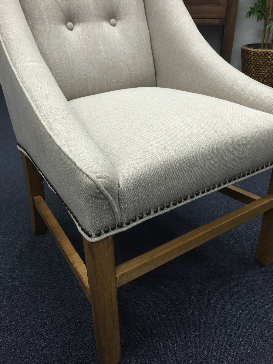 "Hudson" Hampton Style Linen Fabric Upholstered Dining Chair Wings Studs, Linen (RRP $599) - Image 6