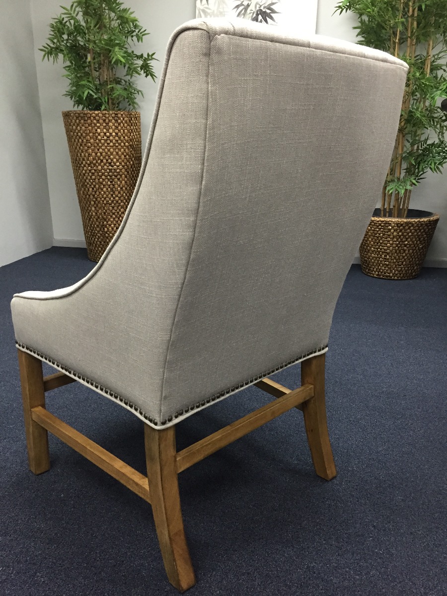 "Hudson" Hampton Style Linen Fabric Upholstered Dining Chair Wings Studs, Linen (RRP $599) - Image 7