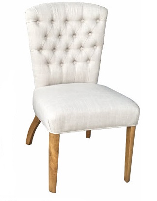 "Dianna" French Provincial Linen Buttoned Dining Chair, Linen with Natural Timber Legs (RRP $449)