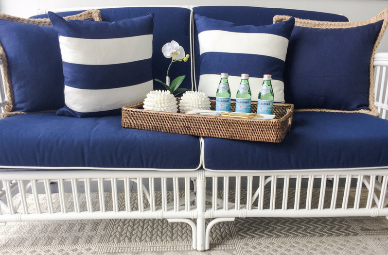 "Alfresco" Hamptons Style Lounge Package 2.5 Seater, 2 x Armchairs & Coffee Table White Rattan, Navy Blue Cushions (RRP $3499) - Image 7