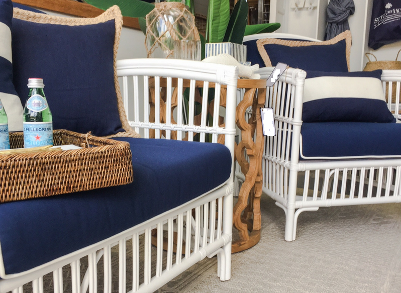 "Alfresco" Hamptons Style Lounge Package 2.5 Seater, 2 x Armchairs & Coffee Table White Rattan, Navy Blue Cushions (RRP $3499) - Image 8
