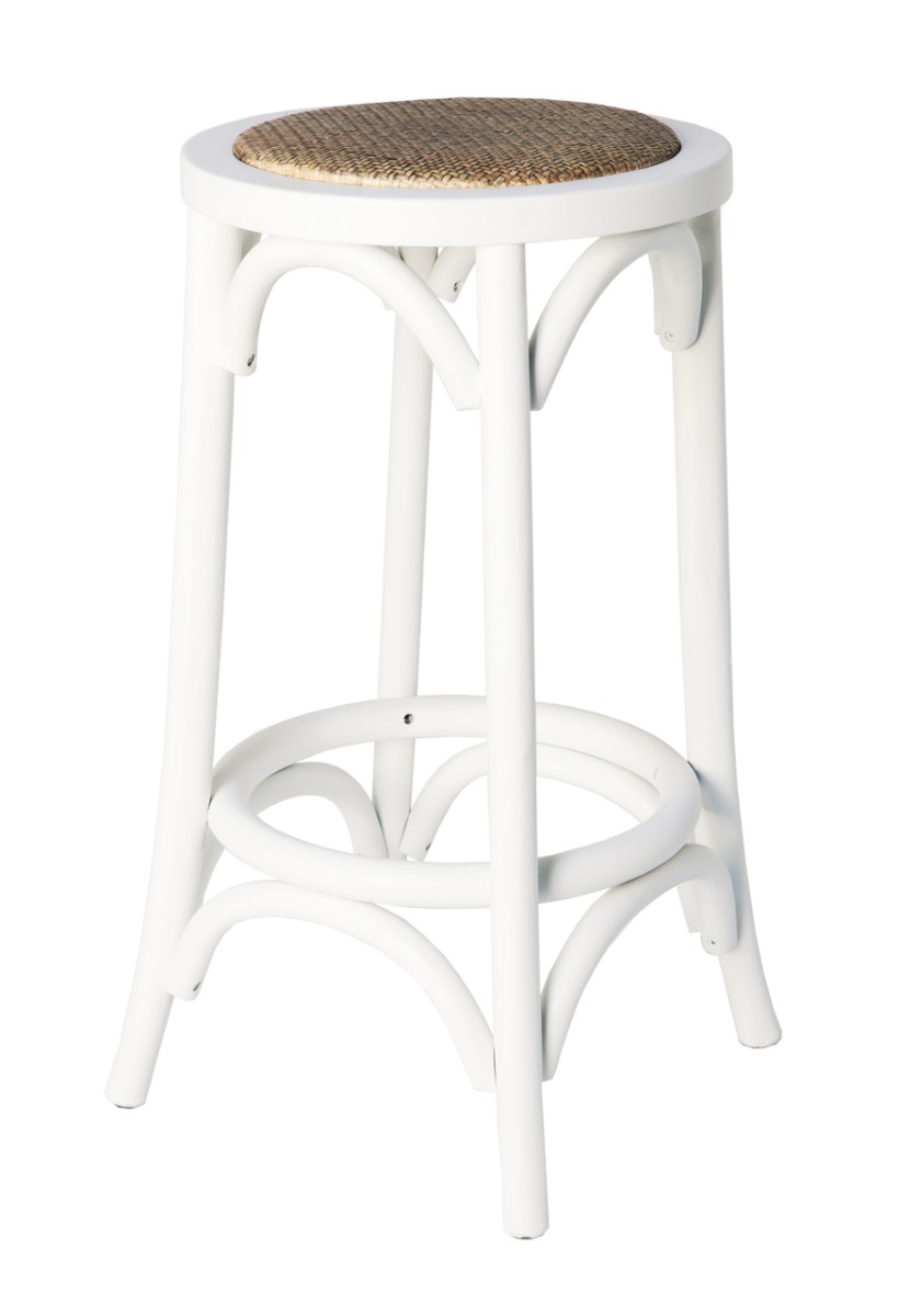 "Noosaville" Timber Kitchen Barstool Rattan Seat (No back) Vivid White, 35cmL x 35cmD x 65cmH (RRP $249)
